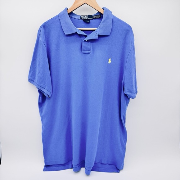 Vtg Ralph Lauren Polo Shirt XXL Blue Solid Short Yellow Pony Sleeve Mens Soft - Picture 2 of 8